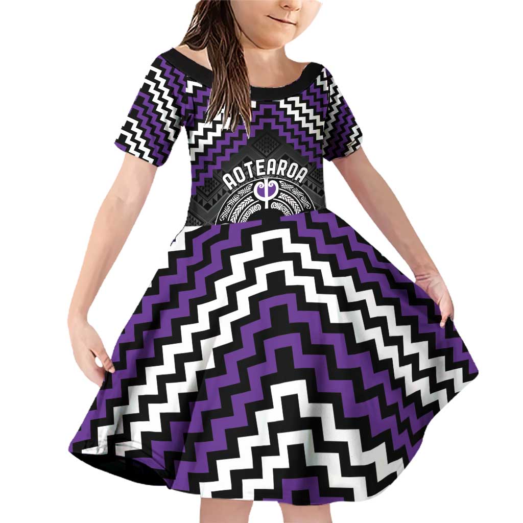 Personalised Aotearoa Niho Taniwha Motif Family Matching Off Shoulder Short Dress and Hawaiian Shirt Violet Style LT9 Daughter's Dress Violet - Polynesian Pride