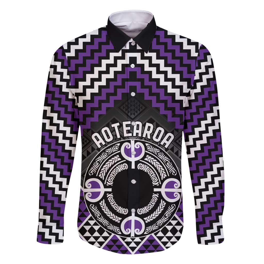 Personalised Aotearoa Niho Taniwha Motif Family Matching Off Shoulder Short Dress and Hawaiian Shirt Violet Style LT9 Dad's Shirt - Long Sleeve Violet - Polynesian Pride