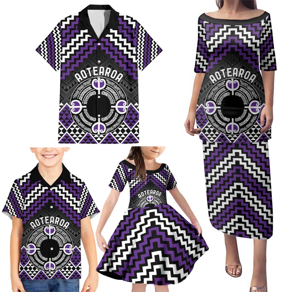 Personalised Aotearoa Niho Taniwha Motif Family Matching Puletasi and Hawaiian Shirt Violet Style LT9 - Polynesian Pride