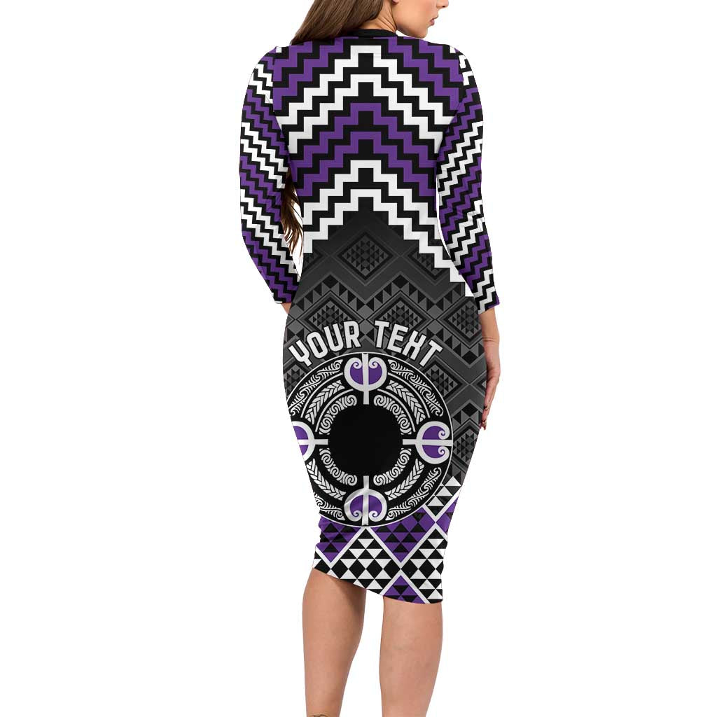 Personalised Aotearoa Niho Taniwha Motif Long Sleeve Bodycon Dress Violet Style