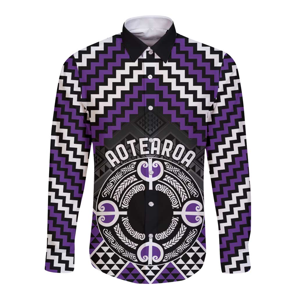 Personalised Aotearoa Niho Taniwha Motif Long Sleeve Button Shirt Violet Style