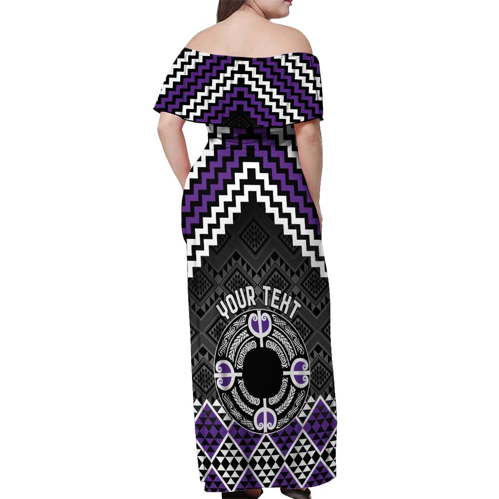 Personalised Aotearoa Niho Taniwha Motif Off Shoulder Maxi Dress Violet Style