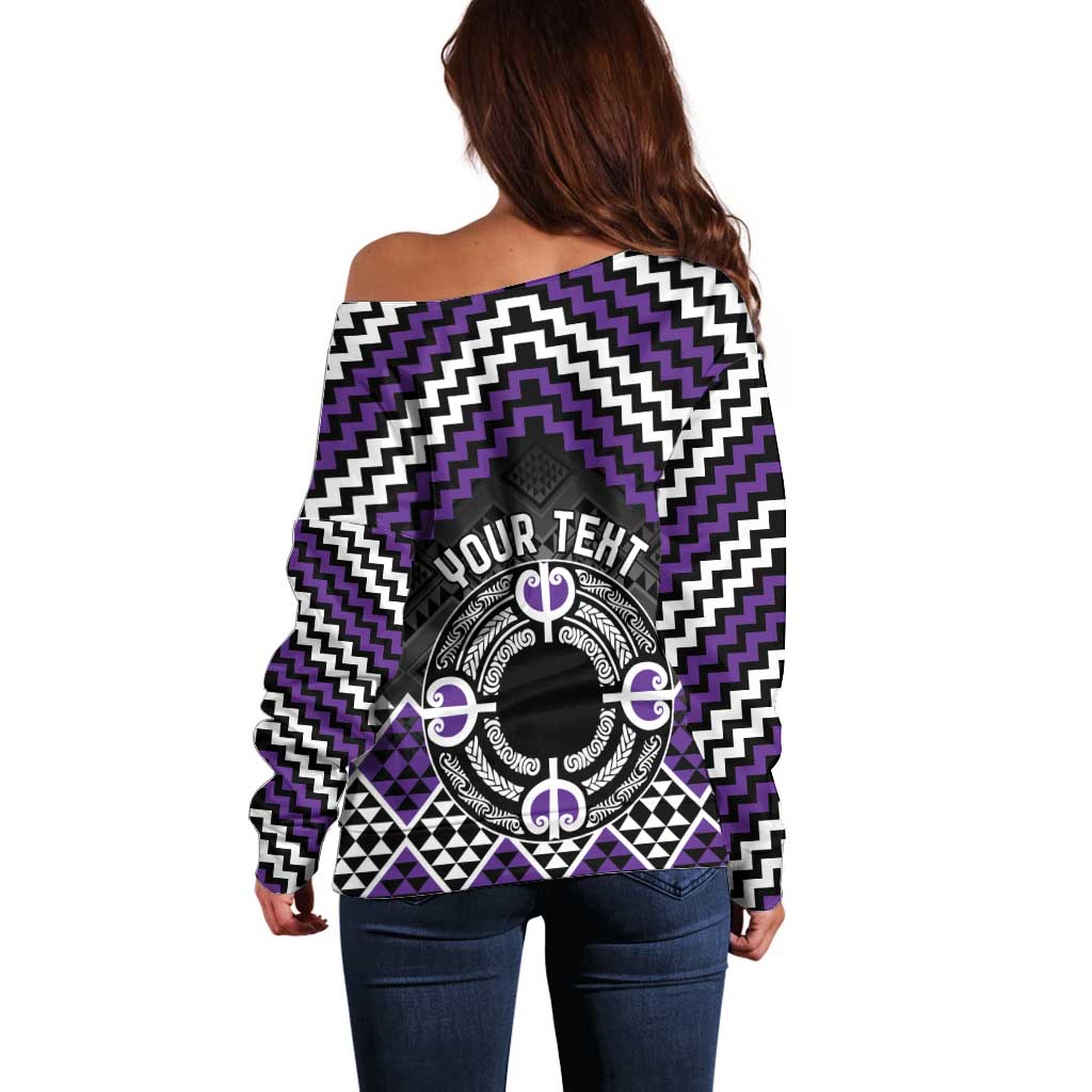 Personalised Aotearoa Niho Taniwha Motif Off Shoulder Sweater Violet Style