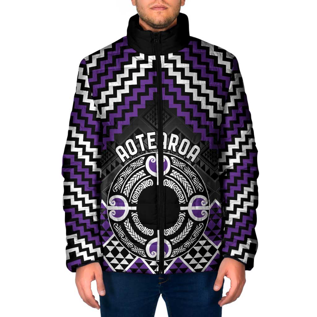 Personalised Aotearoa Niho Taniwha Motif Padded Jacket Violet Style - Polynesian Pride