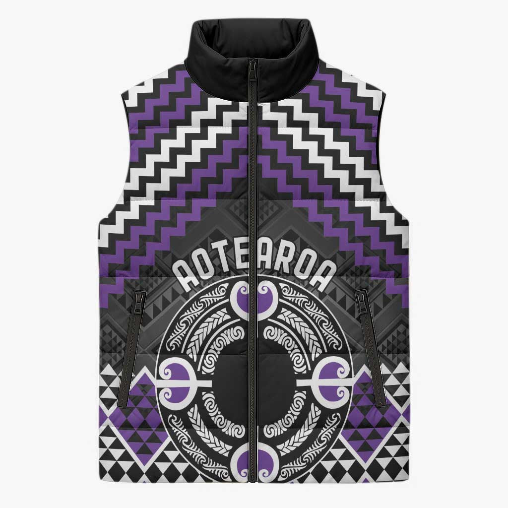 Personalised Aotearoa Niho Taniwha Motif Sleeveless Puffer Jacket Violet Style - Polynesian Pride