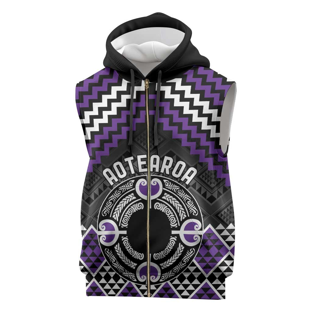 Personalised Aotearoa Niho Taniwha Motif Sleeveless Zip Hoodie Violet Style - Polynesian Pride