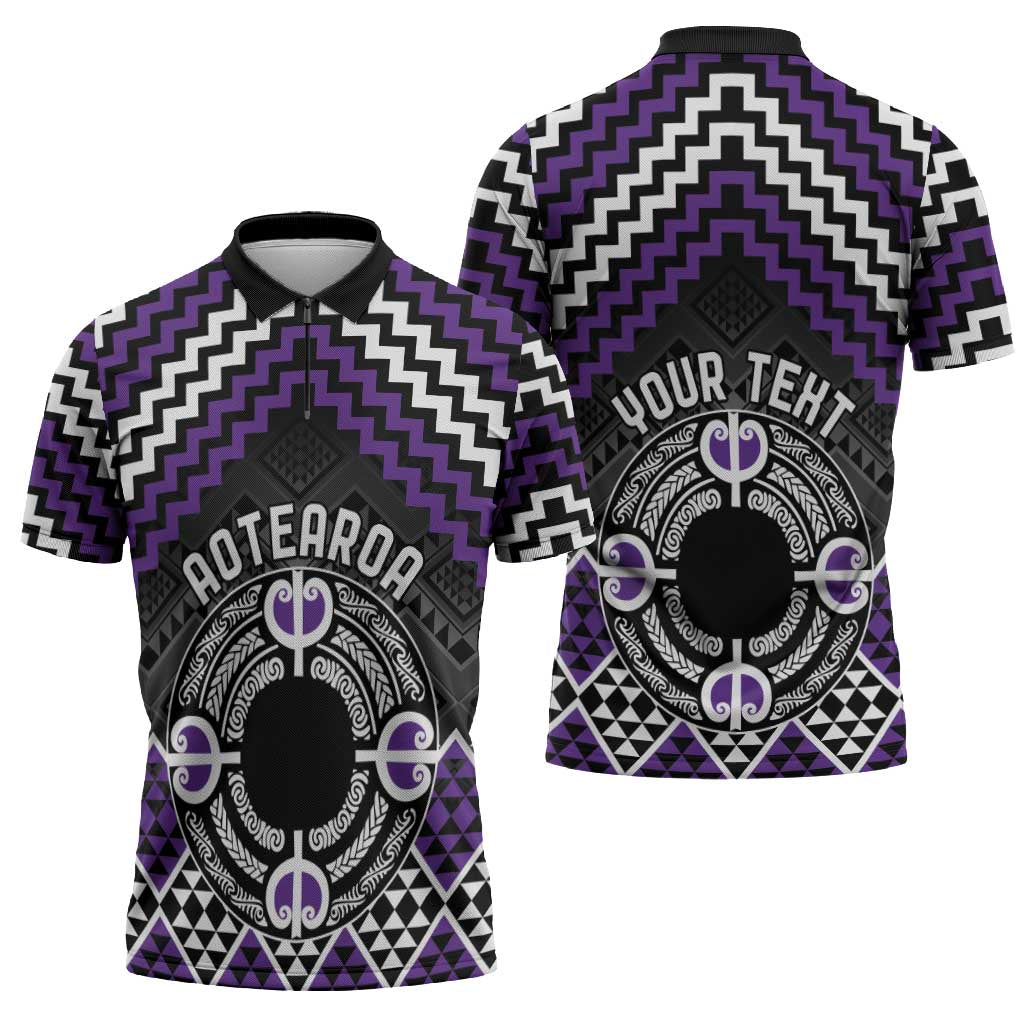 Personalised Aotearoa Niho Taniwha Motif Zipper Polo Shirt Violet Style - Polynesian Pride
