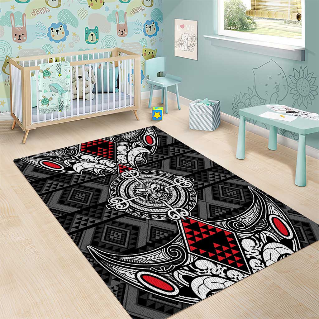 Black Aotearoa Taniko Motif Area Rug Vintage Maori New Zealand Tribal Art Pattern