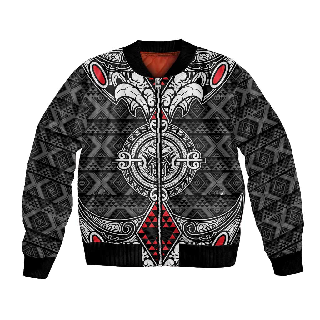 Black Aotearoa Tanilo Motif Bomber Jacket Vintage Maori New Zealand Tribal Art Pattern