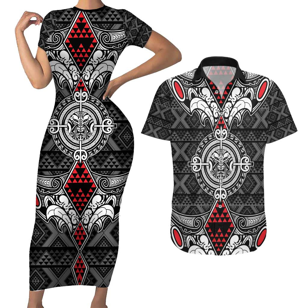 Black Aotearoa Tanilo Motif Couples Matching Short Sleeve Bodycon Dress and Hawaiian Shirt Vintage Maori New Zealand Tribal Art Pattern LT9 Black - Polynesian Pride