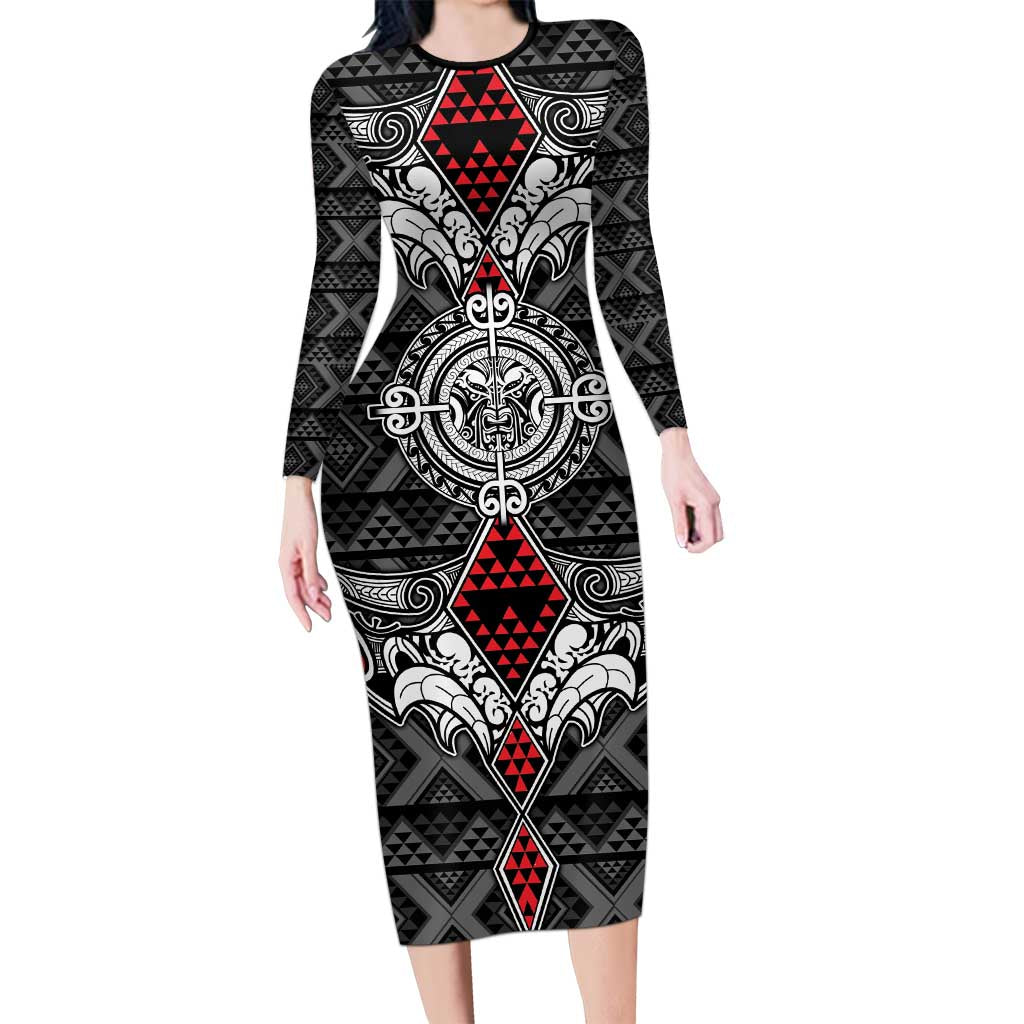 Black Aotearoa Tanilo Motif Family Matching Long Sleeve Bodycon Dress and Hawaiian Shirt Vintage Maori New Zealand Tribal Art Pattern LT9 Mom's Dress Black - Polynesian Pride