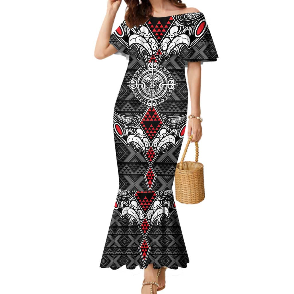Black Aotearoa Tanilo Motif Family Matching Mermaid Dress and Hawaiian Shirt Vintage Maori New Zealand Tribal Art Pattern LT9 Mom's Dress Black - Polynesian Pride