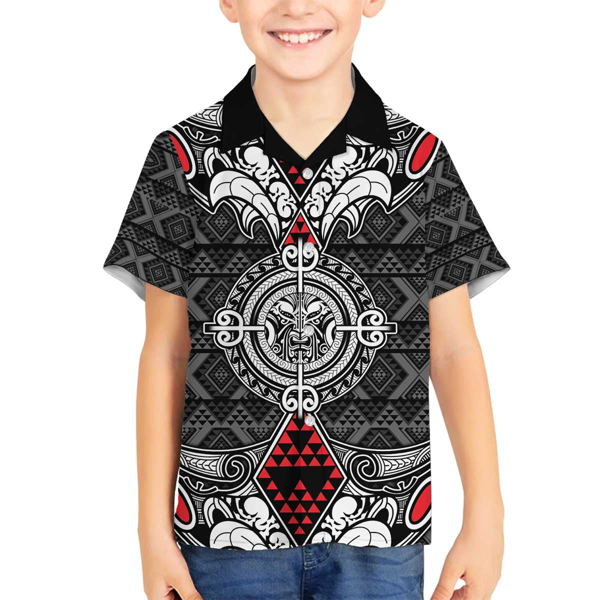 Black Aotearoa Tanilo Motif Family Matching Off The Shoulder Long Sleeve Dress and Hawaiian Shirt Vintage Maori New Zealand Tribal Art Pattern