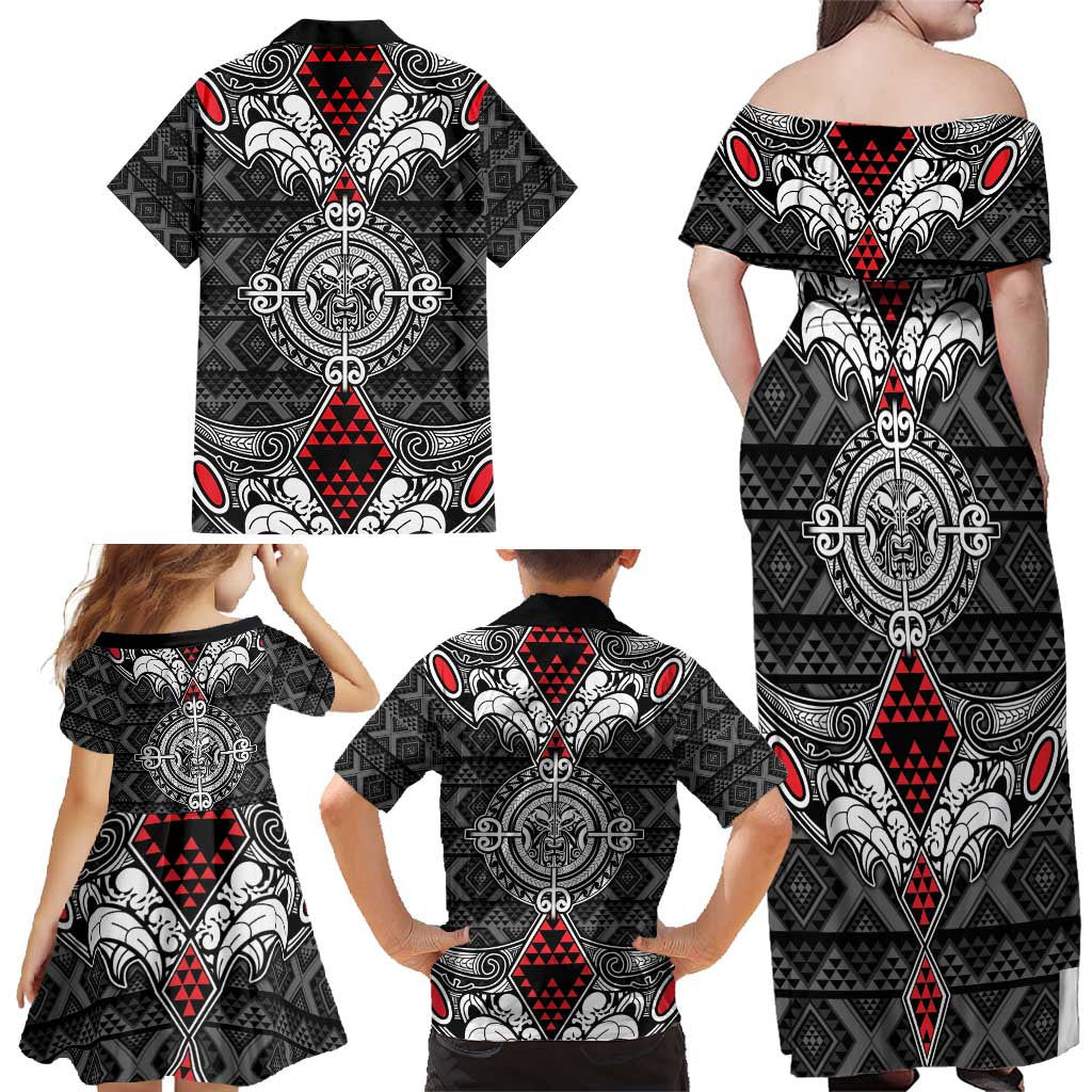 Black Aotearoa Tanilo Motif Family Matching Off Shoulder Maxi Dress and Hawaiian Shirt Vintage Maori New Zealand Tribal Art Pattern LT9 - Polynesian Pride