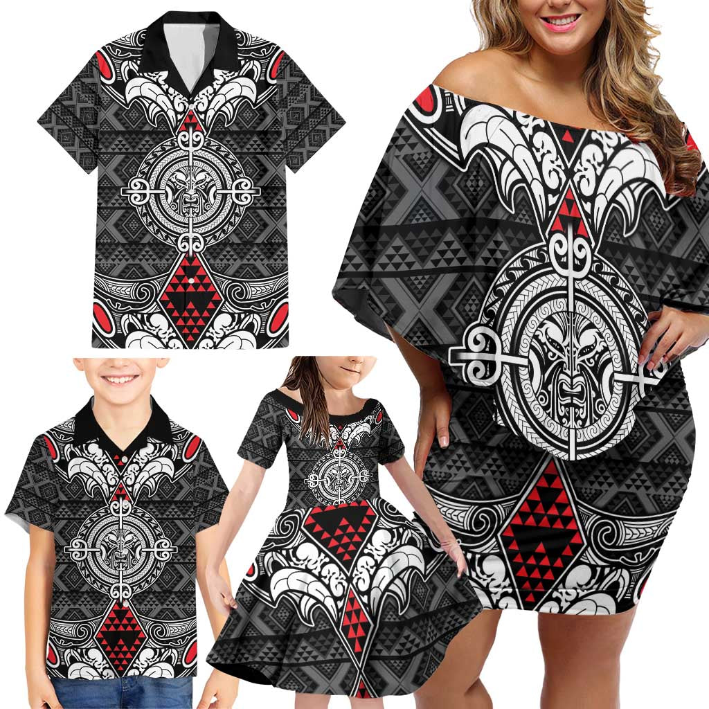 Black Aotearoa Tanilo Motif Family Matching Off Shoulder Short Dress and Hawaiian Shirt Vintage Maori New Zealand Tribal Art Pattern LT9 - Polynesian Pride