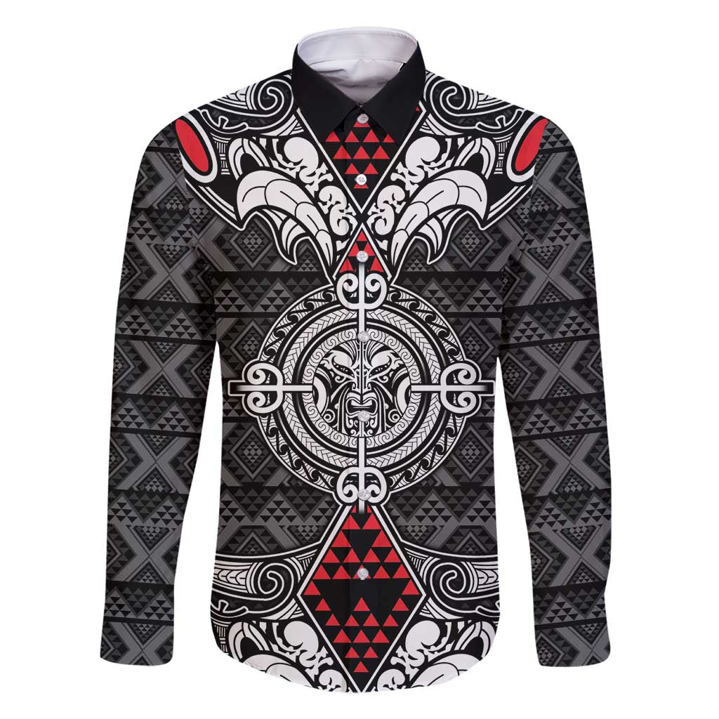Black Aotearoa Tanilo Motif Family Matching Off Shoulder Short Dress and Hawaiian Shirt Vintage Maori New Zealand Tribal Art Pattern LT9 Dad's Shirt - Long Sleeve Black - Polynesian Pride
