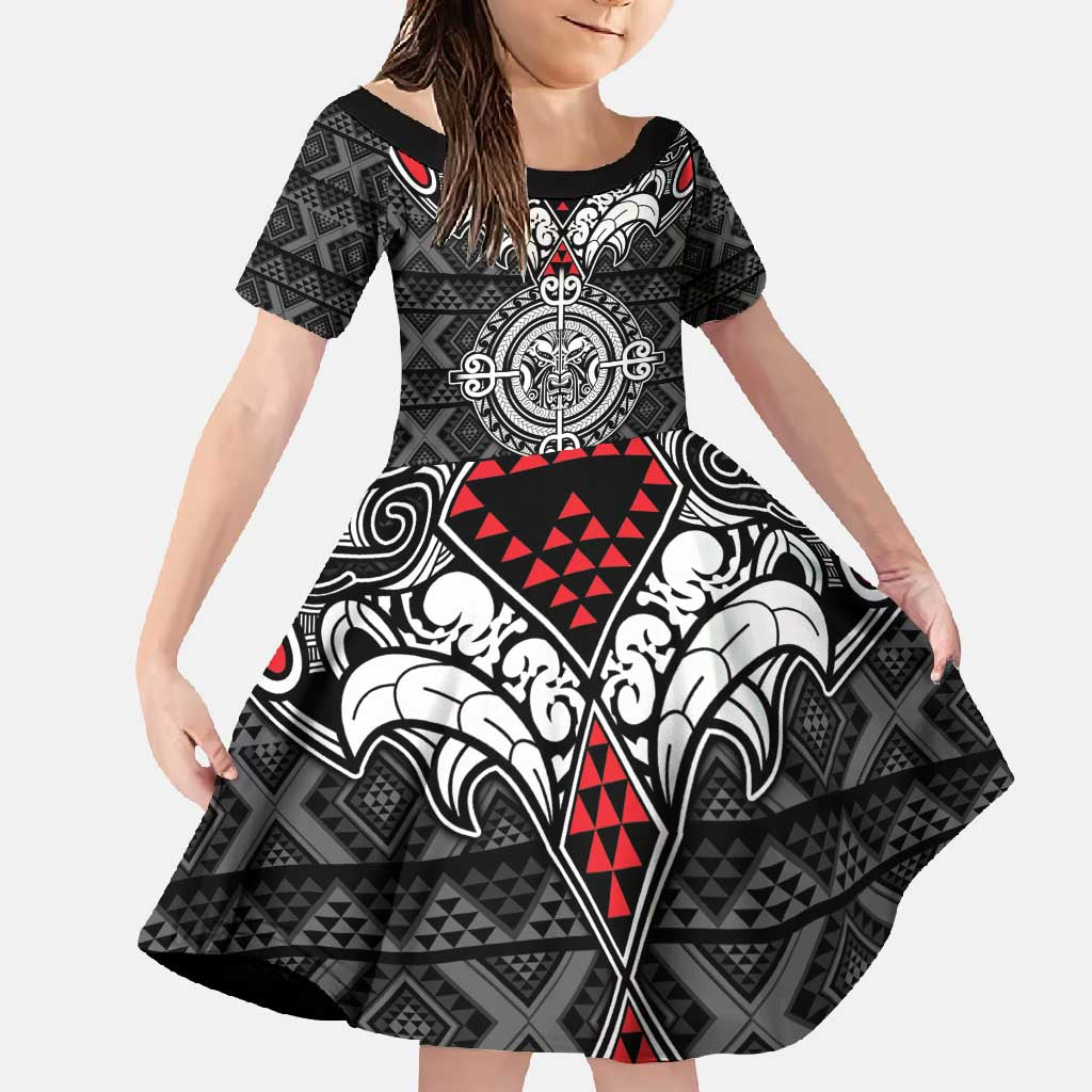 Black Aotearoa Tanilo Motif Family Matching Short Sleeve Bodycon Dress and Hawaiian Shirt Vintage Maori New Zealand Tribal Art Pattern LT9 Daughter's Dress Black - Polynesian Pride