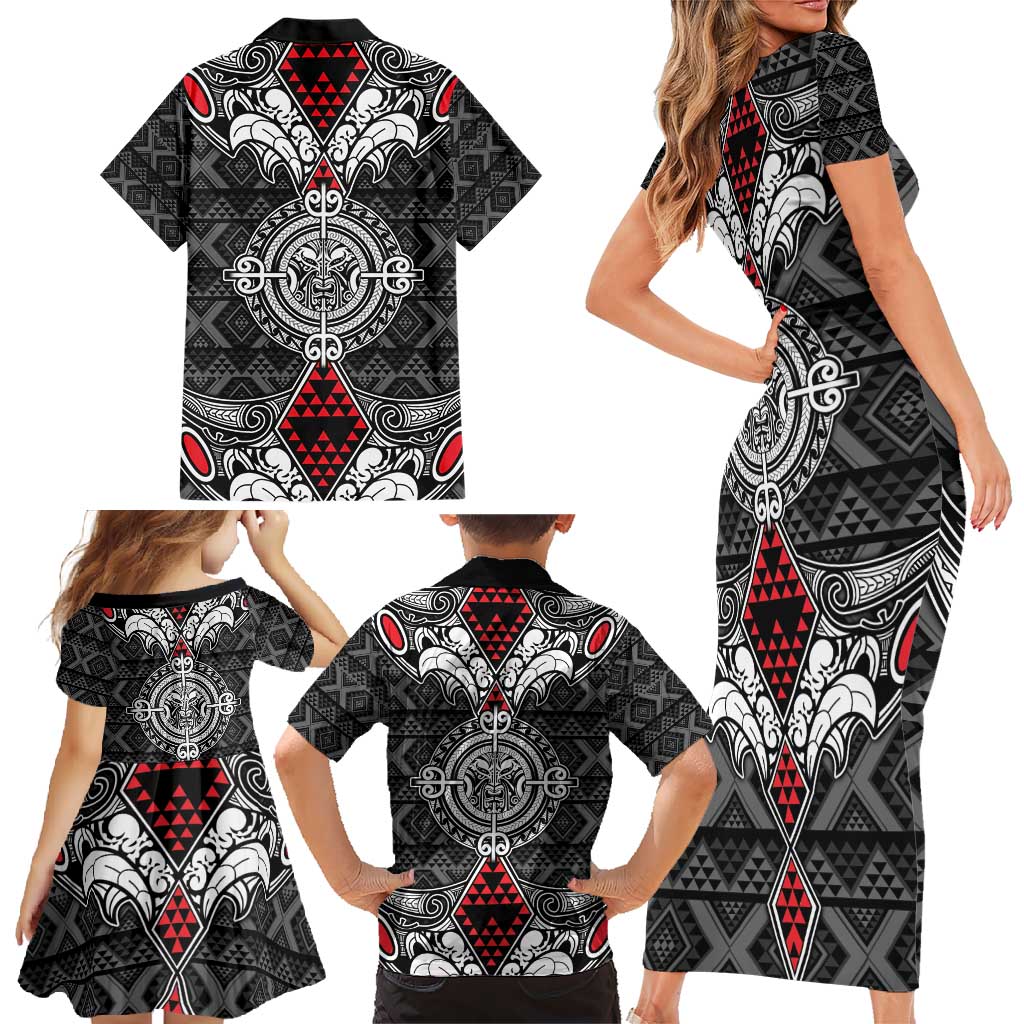 Black Aotearoa Tanilo Motif Family Matching Short Sleeve Bodycon Dress and Hawaiian Shirt Vintage Maori New Zealand Tribal Art Pattern LT9 - Polynesian Pride