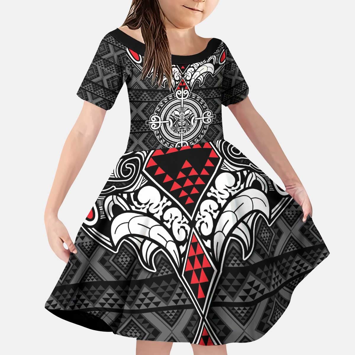 Black Aotearoa Tanilo Motif Kid Short Sleeve Dress Vintage Maori New Zealand Tribal Art Pattern