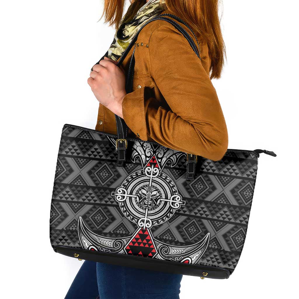 Black Aotearoa Taniko Motif Leather Tote Bag Vintage Maori New Zealand Tribal Art Pattern LT9 Black - Polynesian Pride