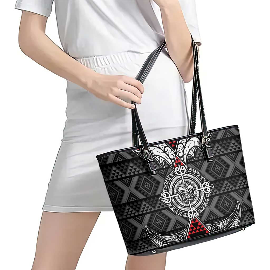 Black Aotearoa Taniko Motif Leather Tote Bag Vintage Maori New Zealand Tribal Art Pattern LT9 - Polynesian Pride