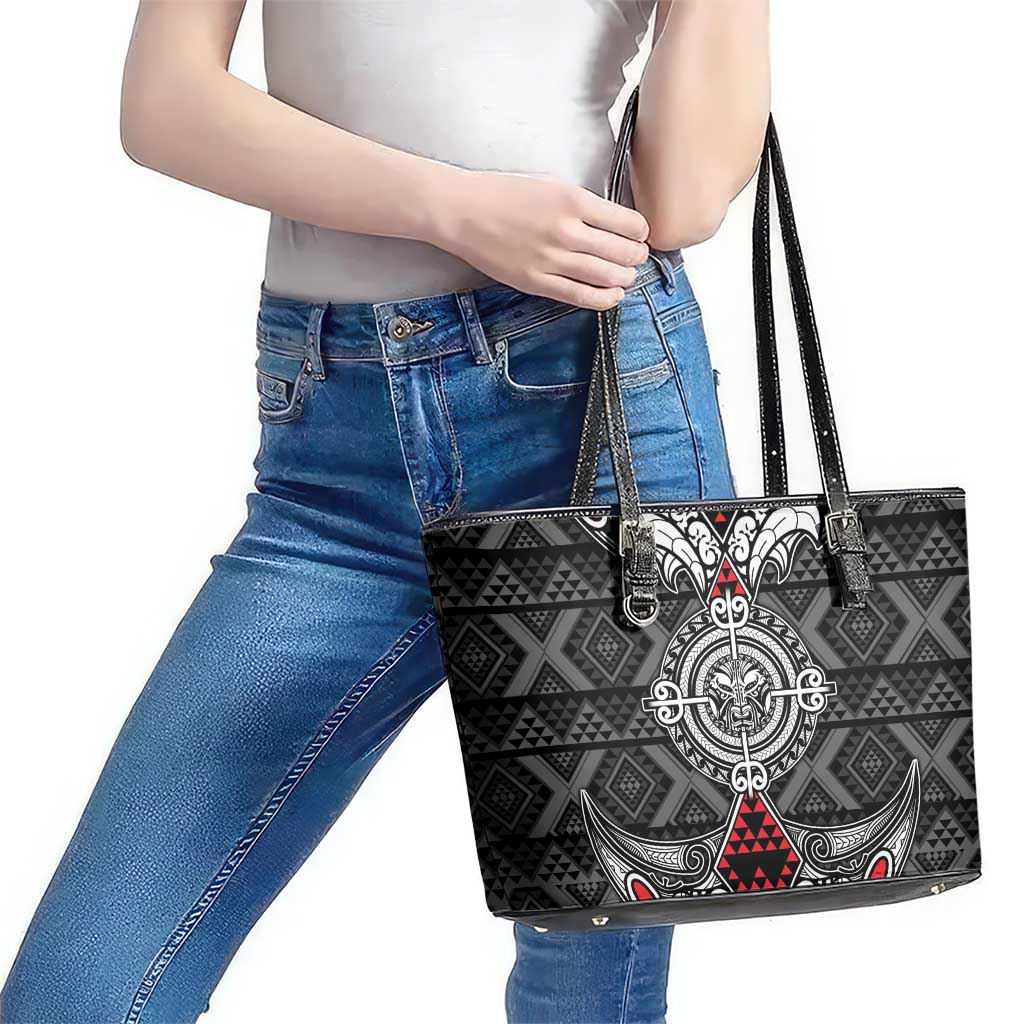 Black Aotearoa Taniko Motif Leather Tote Bag Vintage Maori New Zealand Tribal Art Pattern LT9 - Polynesian Pride