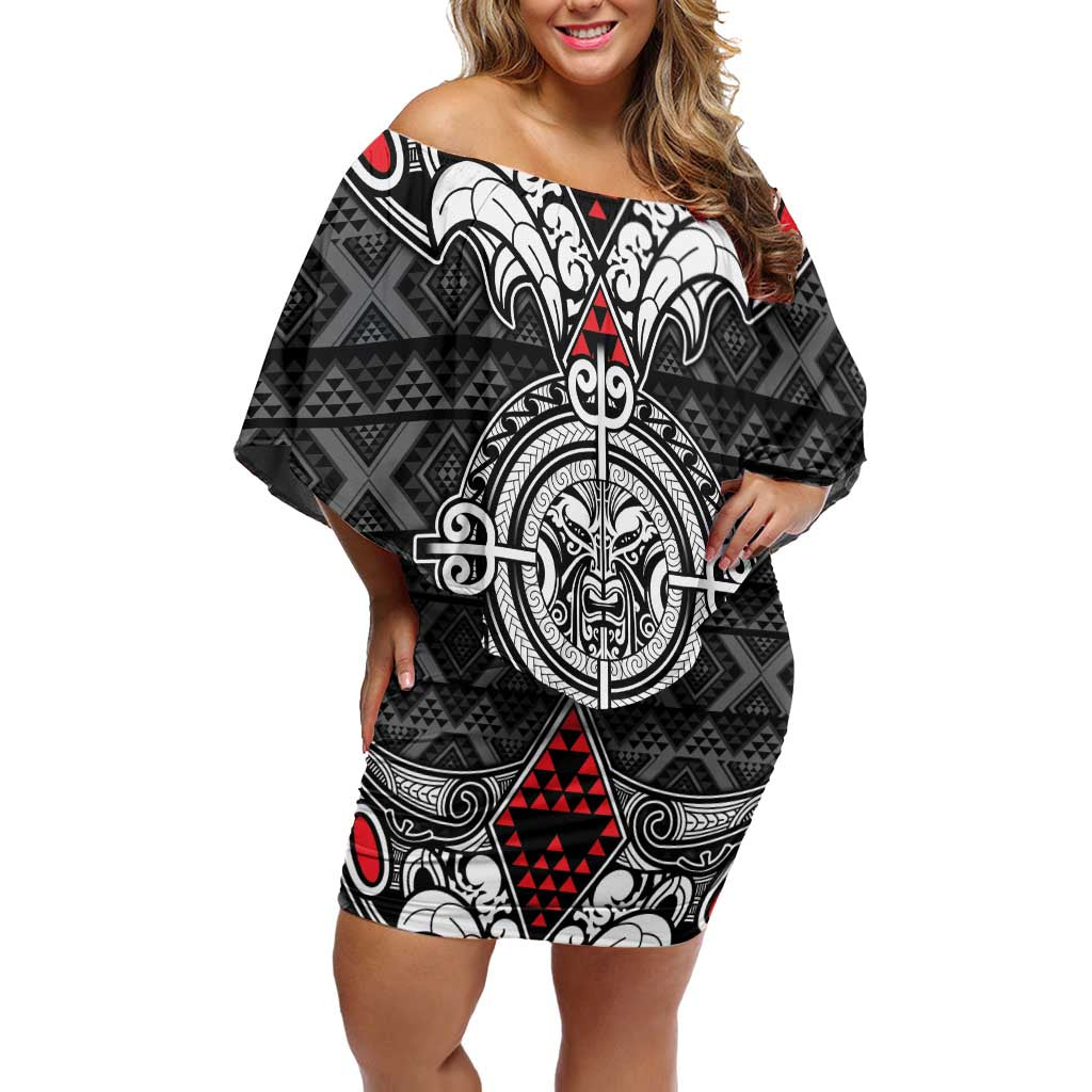 Black Aotearoa Tanilo Motif Off Shoulder Short Dress Vintage Maori New Zealand Tribal Art Pattern