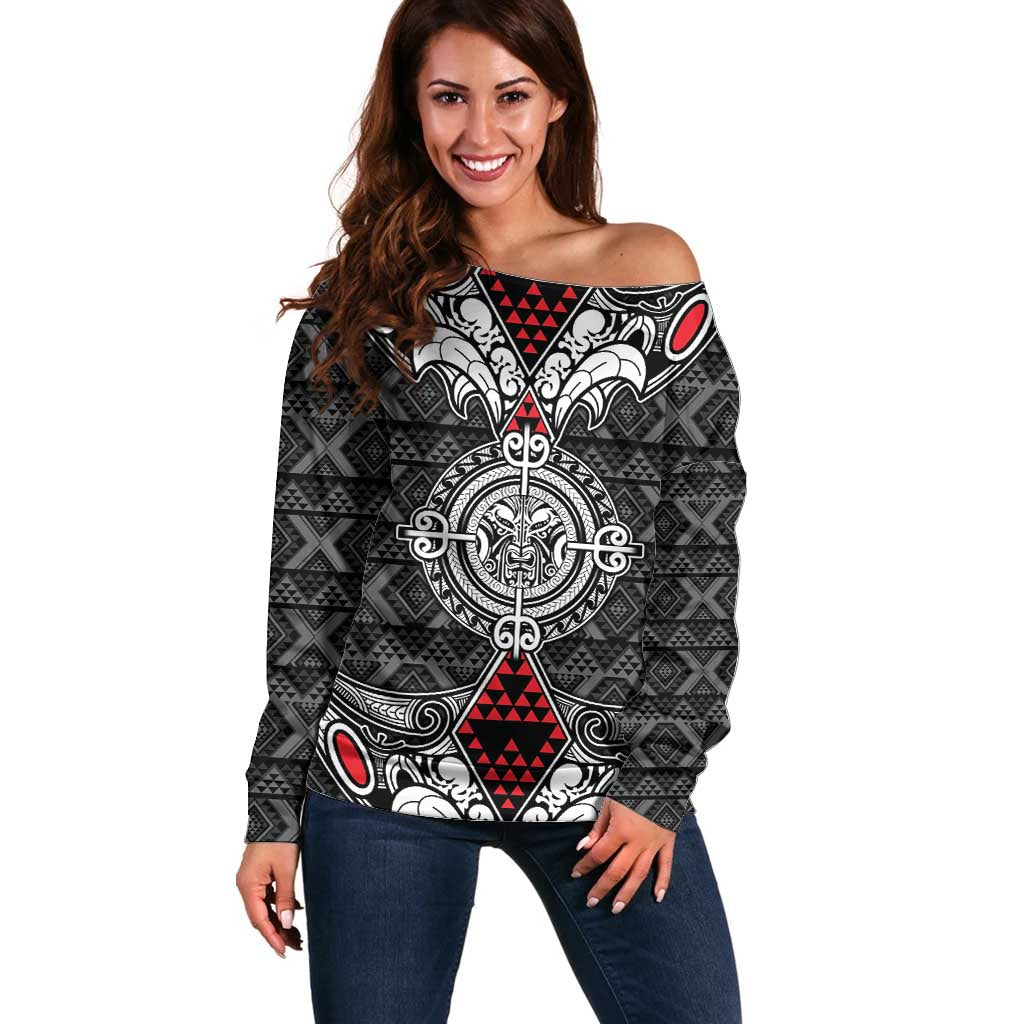 Black Aotearoa Tanilo Motif Off Shoulder Sweater Vintage Maori New Zealand Tribal Art Pattern