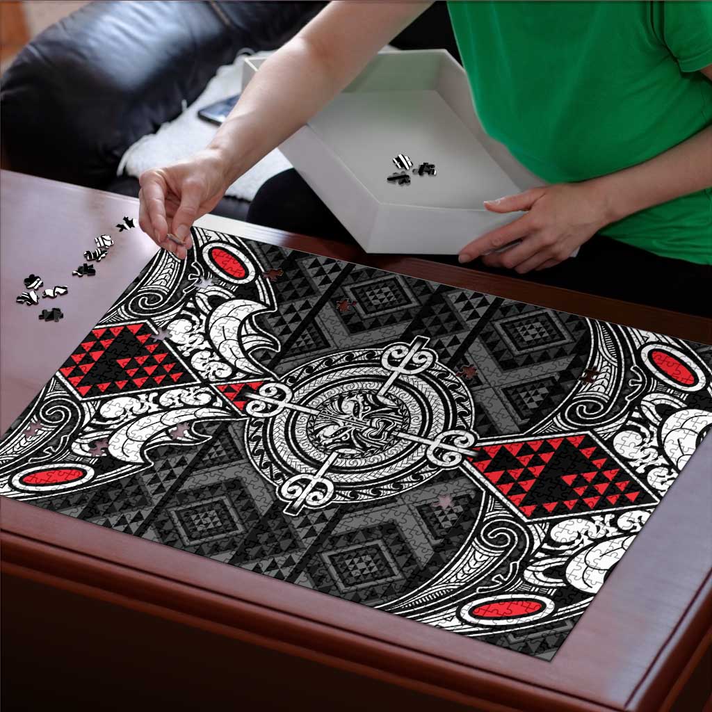 Black Aotearoa Taniko Motif Puzzle Vintage Maori New Zealand Tribal Art Pattern - Polynesian Pride