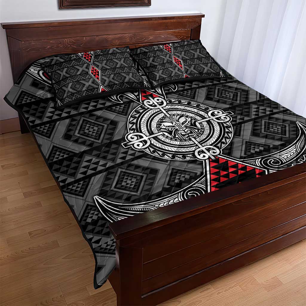 Black Aotearoa Taniko Motif Quilt Bed Set Vintage Maori New Zealand Tribal Art Pattern