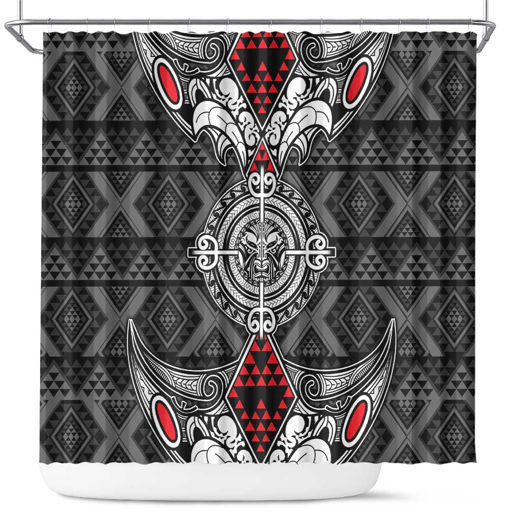Black Aotearoa Taniko Motif Shower Curtain Vintage Maori New Zealand Tribal Art Pattern