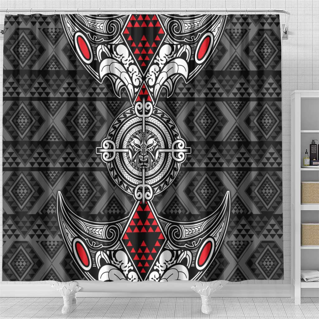 Black Aotearoa Taniko Motif Shower Curtain Vintage Maori New Zealand Tribal Art Pattern