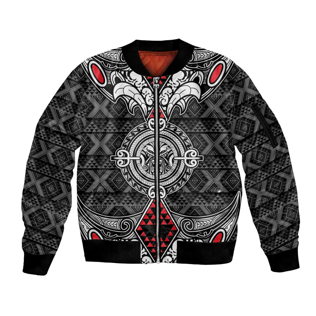 Black Aotearoa Tanilo Motif Sleeve Zip Bomber Jacket Vintage Maori New Zealand Tribal Art Pattern