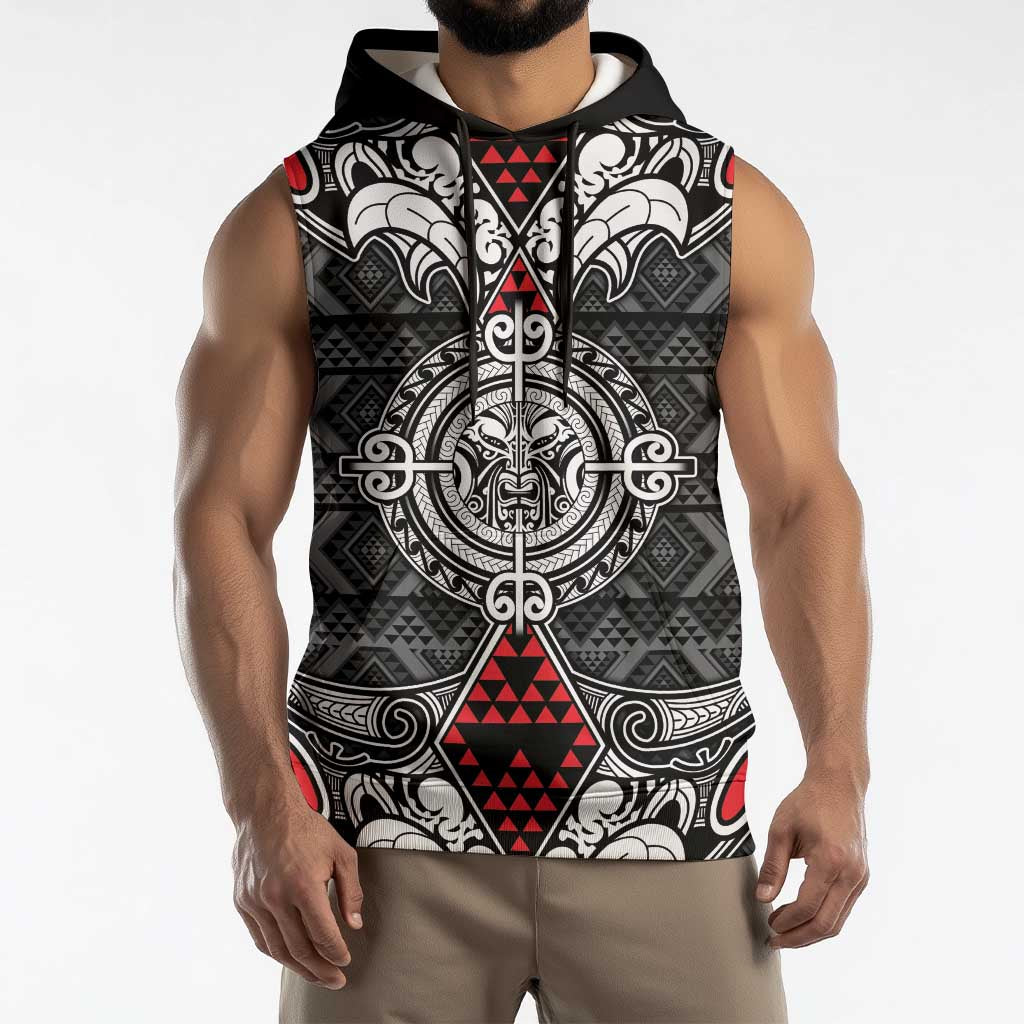 Black Aotearoa Taniko Motif Sleeveless Hoodie Vintage Maori New Zealand Tribal Art Pattern - Polynesian Pride