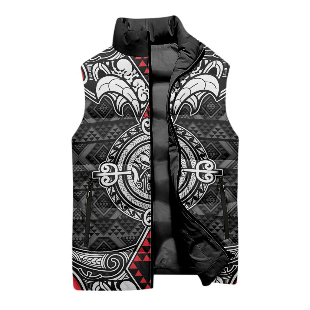 Black Aotearoa Taniko Motif Sleeveless Puffer Jacket Vintage Maori New Zealand Tribal Art Pattern - Polynesian Pride
