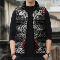 Black Aotearoa Taniko Motif Sleeveless Puffer Jacket Vintage Maori New Zealand Tribal Art Pattern - Polynesian Pride
