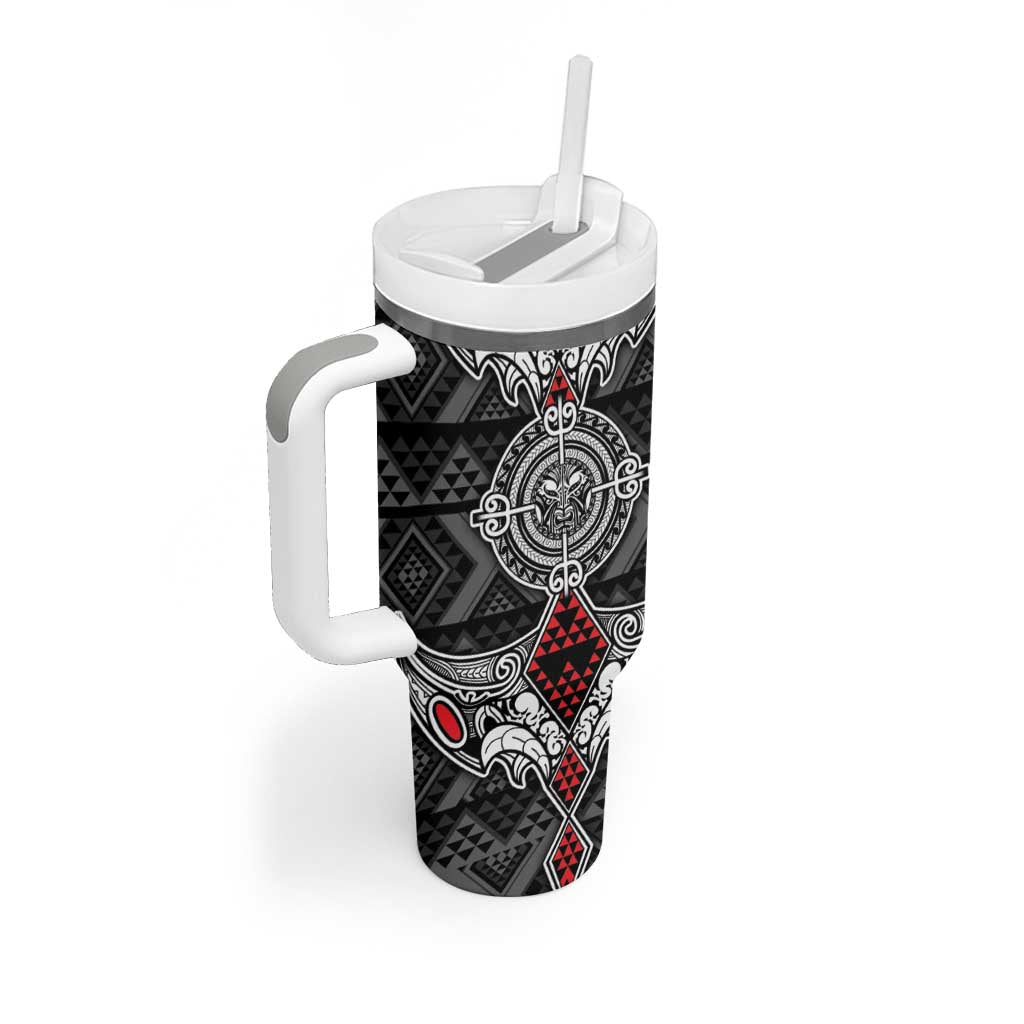 Black Aotearoa Taniko Motif Tumbler With Handle Vintage Maori New Zealand Tribal Art Pattern LT9 - Polynesian Pride