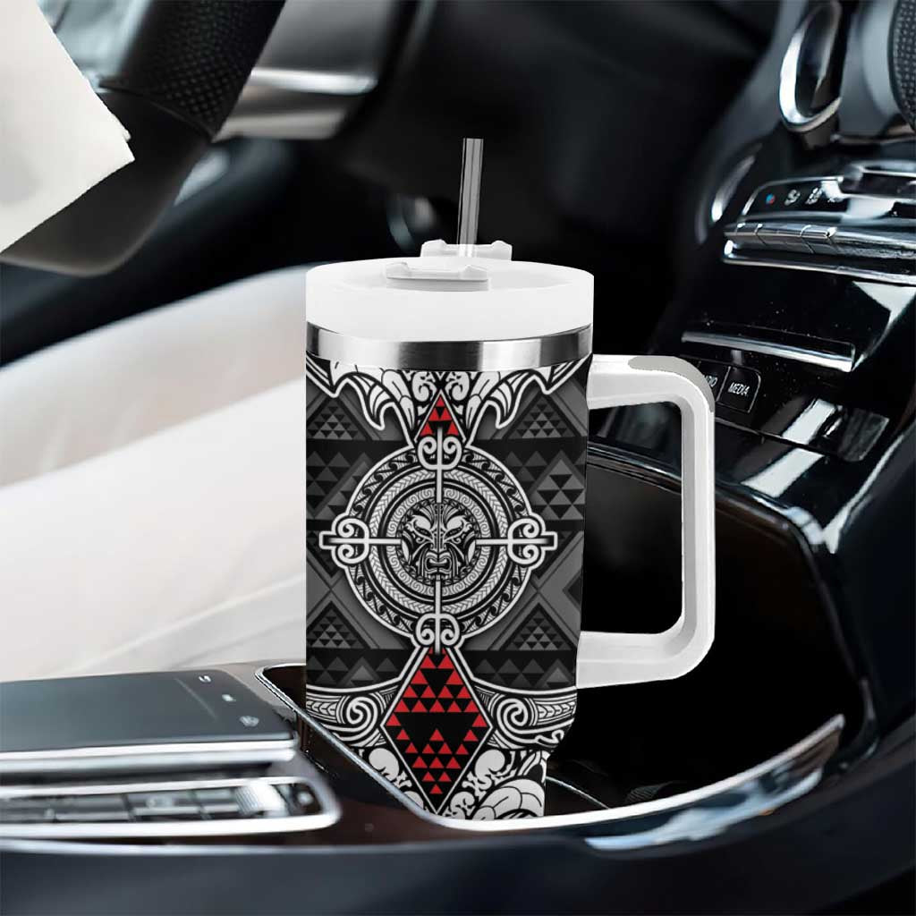 Black Aotearoa Taniko Motif Tumbler With Handle Vintage Maori New Zealand Tribal Art Pattern LT9 - Polynesian Pride