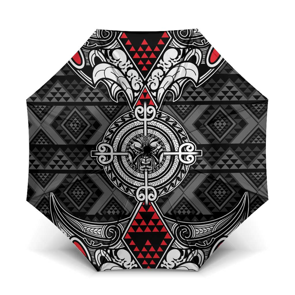 Black Aotearoa Taniko Motif Umbrella Vintage Maori New Zealand Tribal Art Pattern - Polynesian Pride