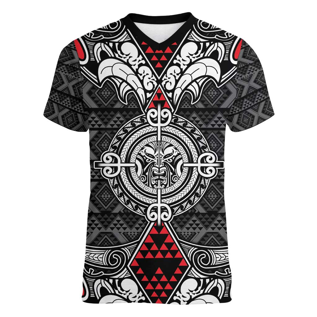 Black Aotearoa Tanilo Motif Women V-Neck T-Shirt Vintage Maori New Zealand Tribal Art Pattern LT9 Female Black - Polynesian Pride