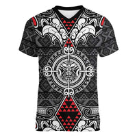 Black Aotearoa Tanilo Motif Women V-Neck T-Shirt Vintage Maori New Zealand Tribal Art Pattern LT9 Female Black - Polynesian Pride