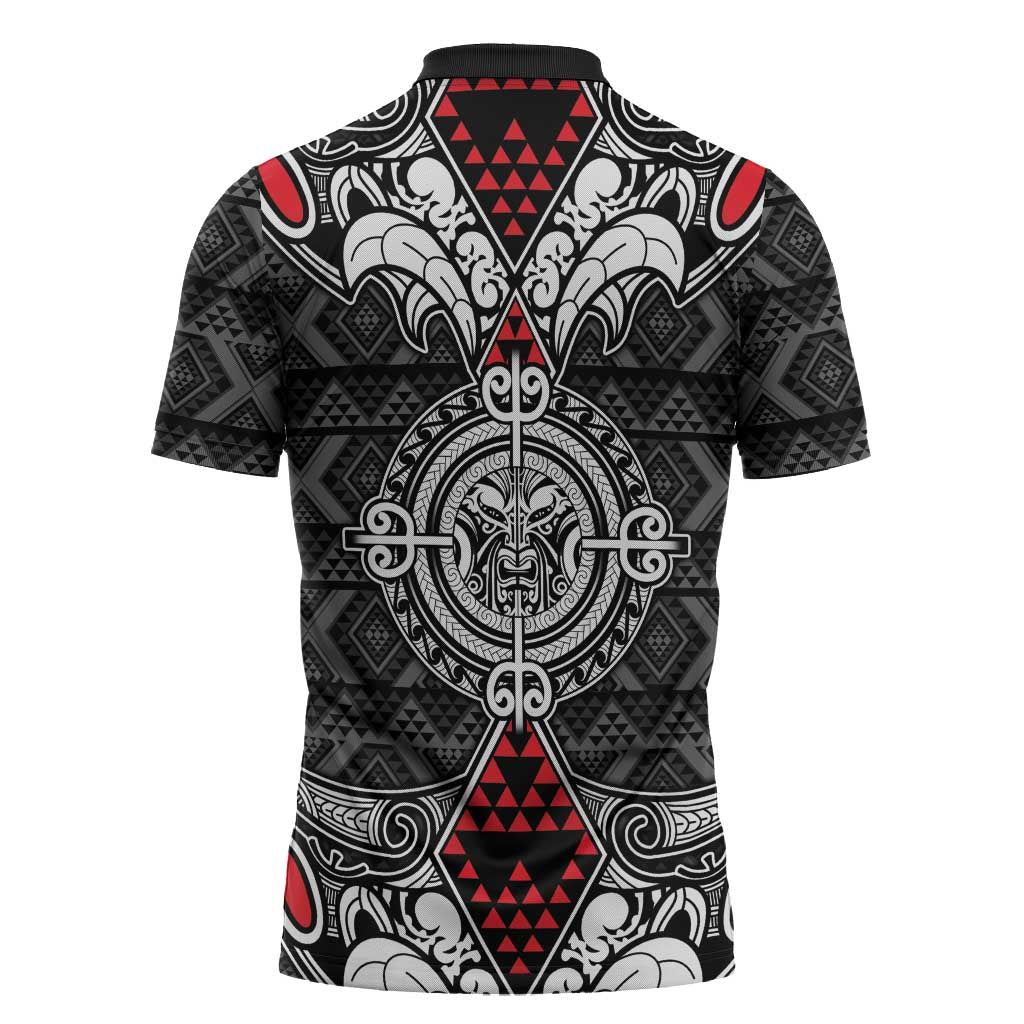 Black Aotearoa Taniko Motif Zipper Polo Shirt Vintage Maori New Zealand Tribal Art Pattern - Polynesian Pride