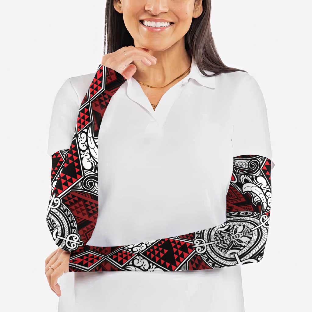 Red Aotearoa Taniko Motif Arm Sleeves Vintage Maori New Zealand Tribal Art Pattern - Polynesian Pride