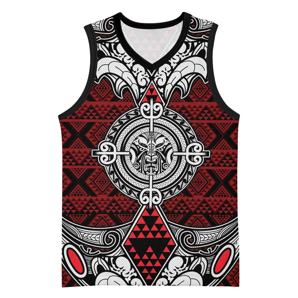 Red Aotearoa Taniko Motif Basketball Jersey Vintage Maori New Zealand Tribal Art Pattern - Polynesian Pride