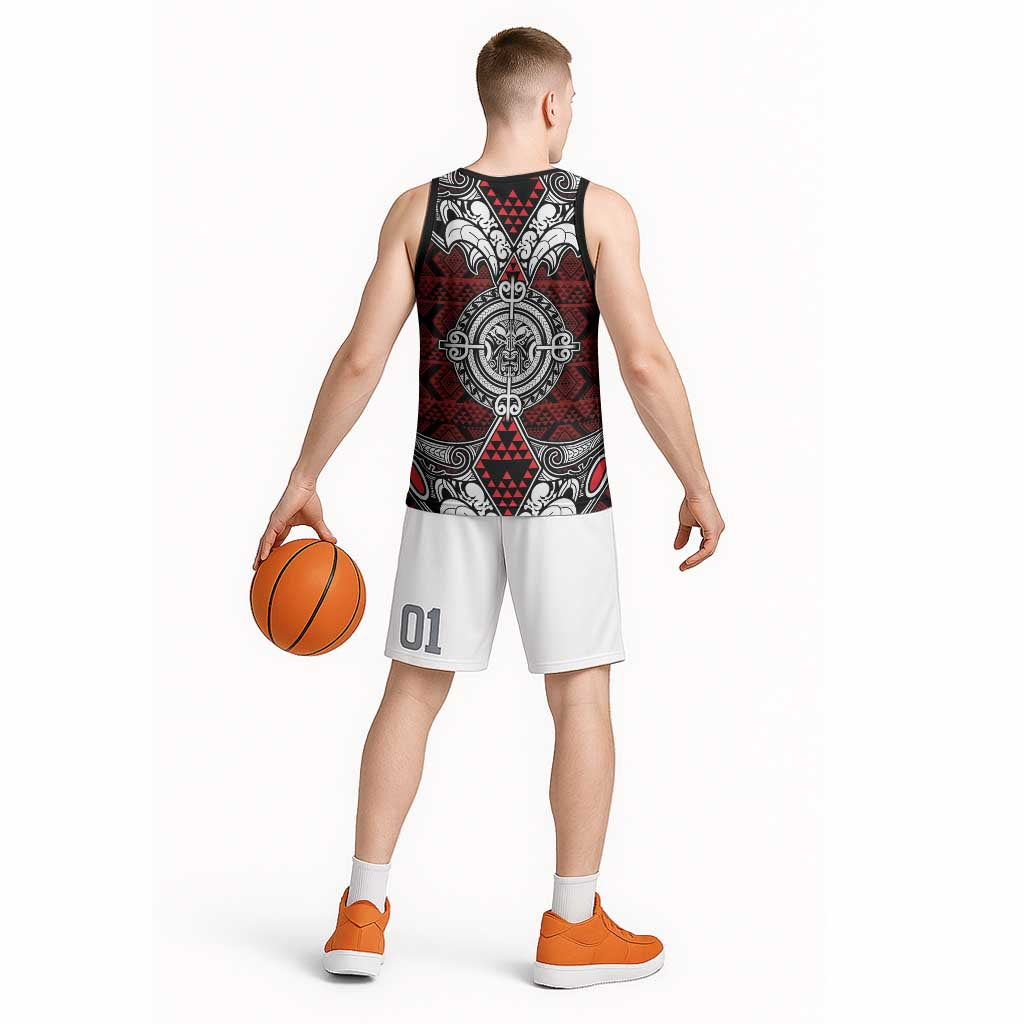 Red Aotearoa Taniko Motif Basketball Jersey Vintage Maori New Zealand Tribal Art Pattern - Polynesian Pride