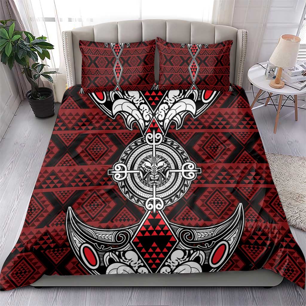 Red Aotearoa Taniko Motif Bedding Set Vintage Maori New Zealand Tribal Art Pattern