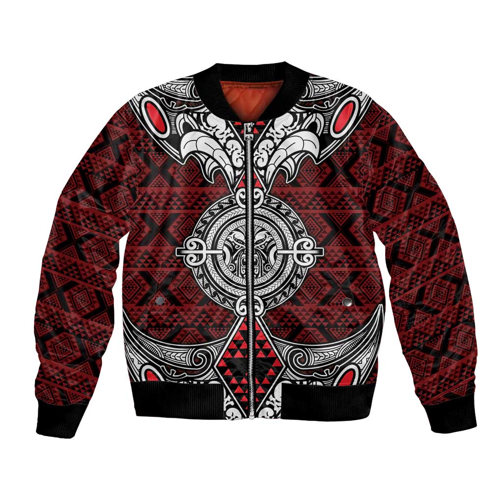 Red Aotearoa Tanilo Motif Bomber Jacket Vintage Maori New Zealand Tribal Art Pattern