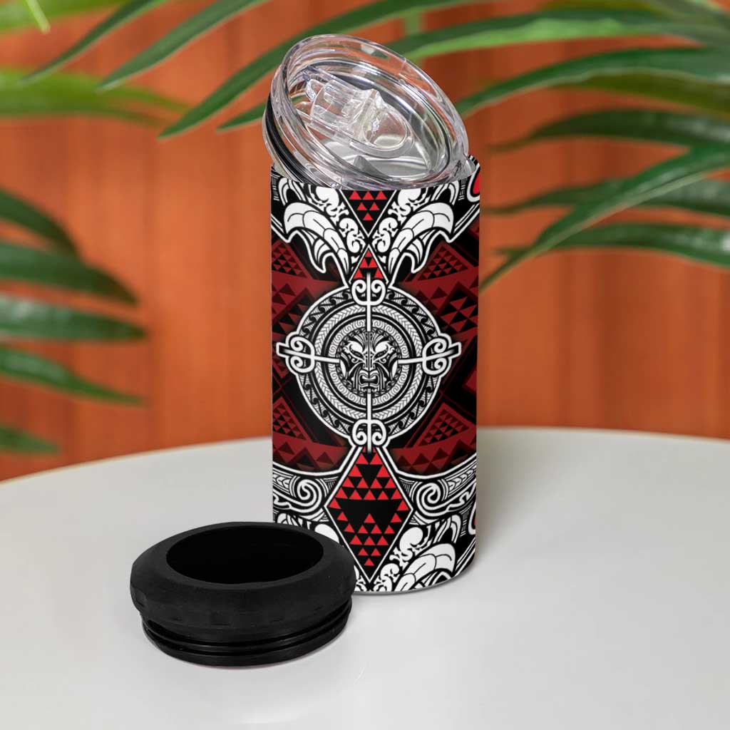 Red Aotearoa Taniko Motif 4 in 1 Can Cooler Tumbler Vintage Maori New Zealand Tribal Art Pattern LT9 - Polynesian Pride