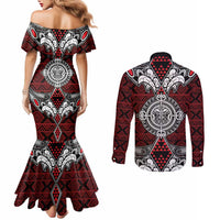 Red Aotearoa Tanilo Motif Couples Matching Mermaid Dress and Long Sleeve Button Shirt Vintage Maori New Zealand Tribal Art Pattern LT9 - Polynesian Pride