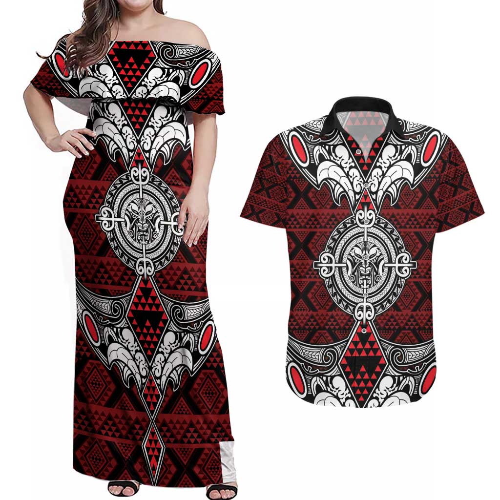 Red Aotearoa Tanilo Motif Couples Matching Off Shoulder Maxi Dress and Hawaiian Shirt Vintage Maori New Zealand Tribal Art Pattern LT9 Red - Polynesian Pride